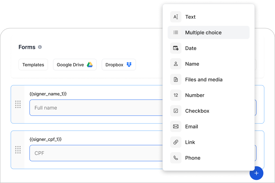 tela de formulário para criação de documentos da zapsign