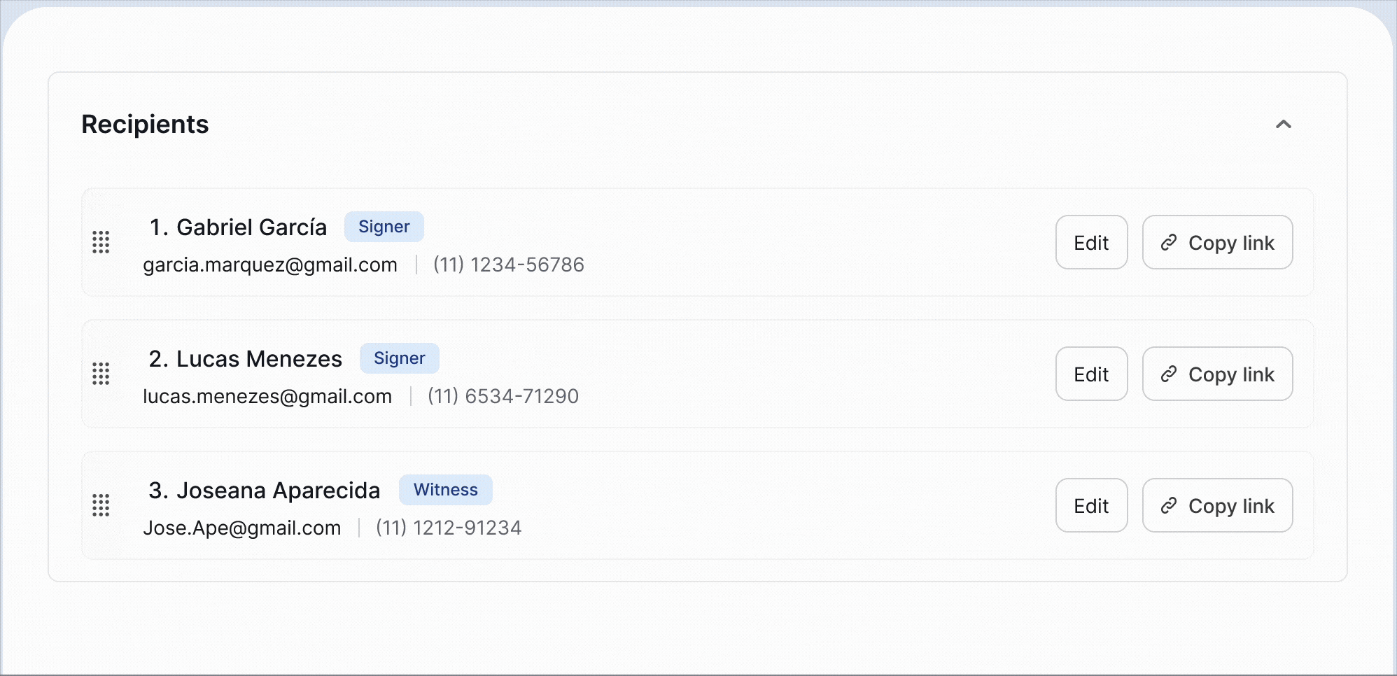 tela de definição de ordem de assinaturas dos signatários em inglês