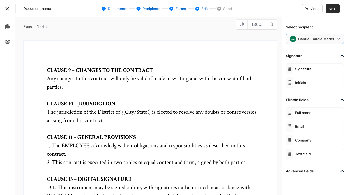 tela de criação de documentos da zapsign